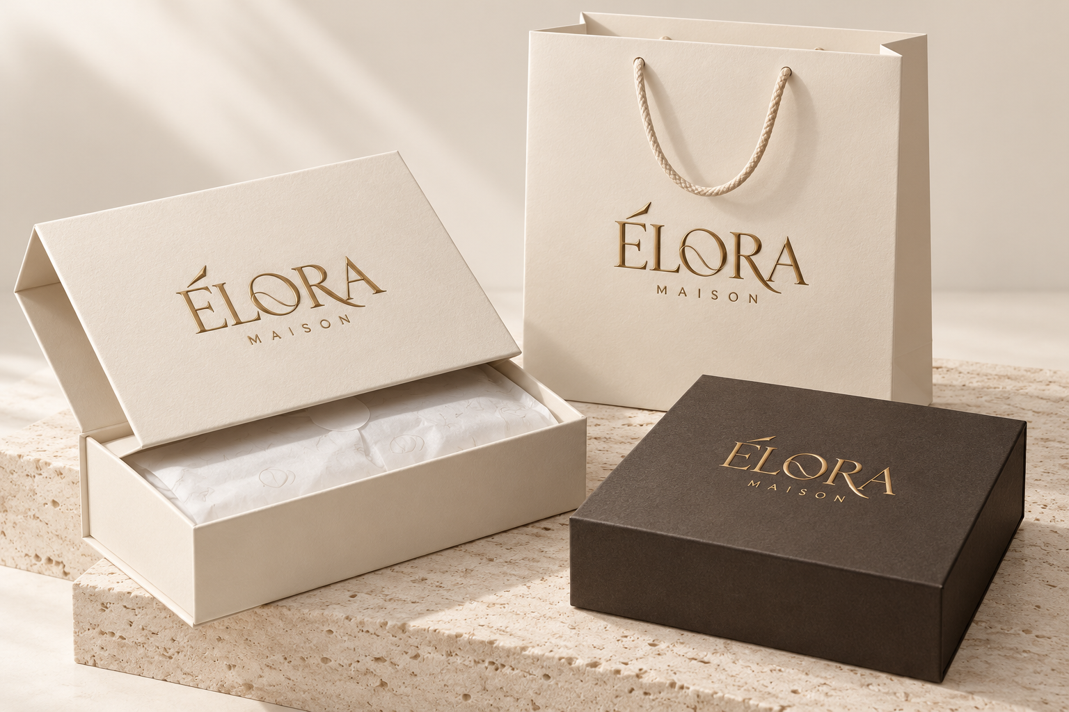 Proposta conceptual de caixas e saco de oferta ÉLORA MAISON, em marfim e carvão, com dourado discreto.